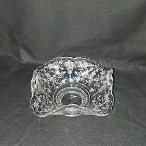 Vintage Cambridge "Rose Point" Handled Etched Handled Glass Basket